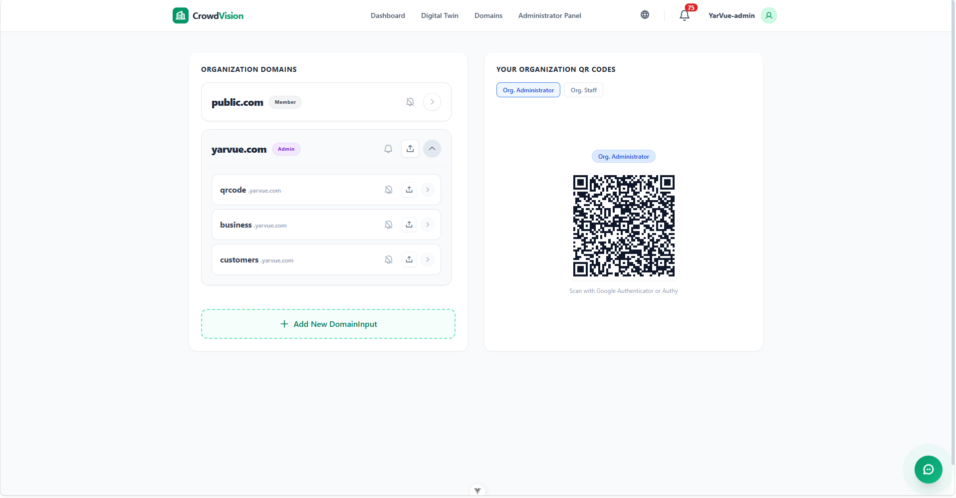 The Administrator Panel with a domain&rsquo;s token and QR codes