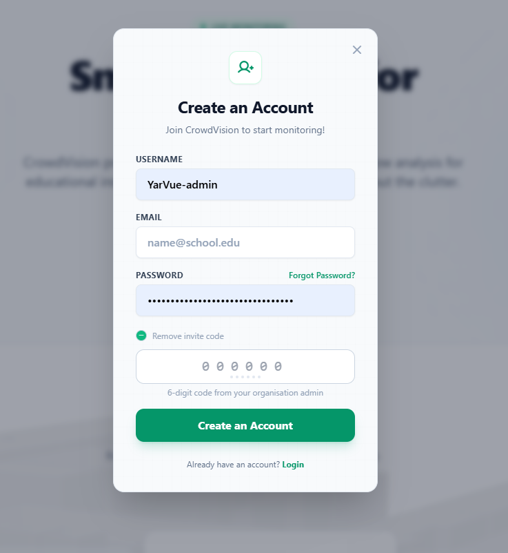 The sign-up form with the OTP field filled in